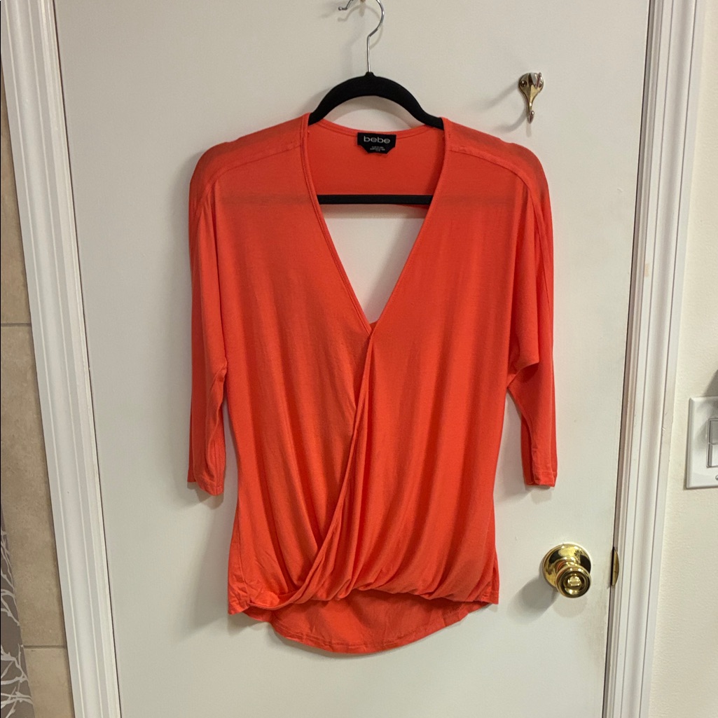 Bebe Women's Bold Orange Wrap Blouse Sz Xs